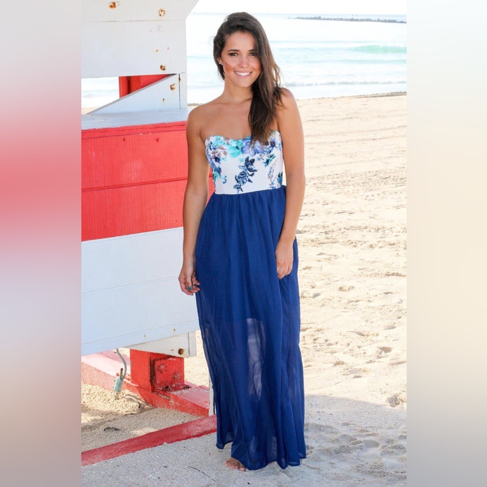 Strapless navy blue and cream dress. Brand Style Rack. Size Small.